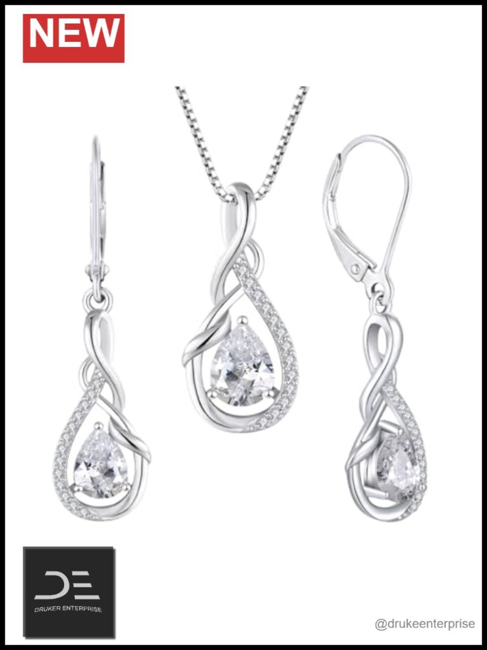 925 Sterling Silver Jewelry Set with Cubic Zirconia Teardrop Necklace & Earrings
